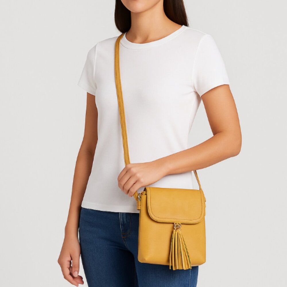 Marshalls Women’s Yellow and Gold Crossbody Bag with Tassel & Zipper Closure